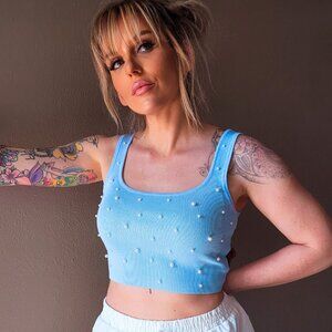 BABY BLUE CROPPED TANK TOP WITH RIBBED ,PEARL DETAL